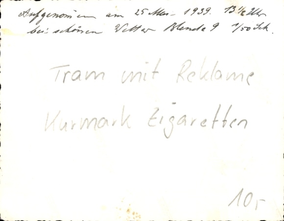 Photo tram with advertising board, Kurmark cigarettes, 1939