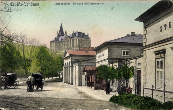 Ak Teplice Šanov Teplitz Schönau Region Aussig, Stephansbad, Steinbad und Gymnasium