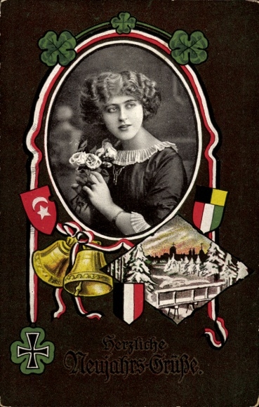 Ak Glückwunsch Neujahr, Kleeblatt, Frau, Portrait
