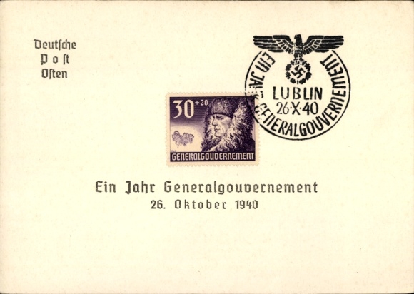 Postcard One Year General Government, 26 October 1940, Deutsche Post Osten, Lublin