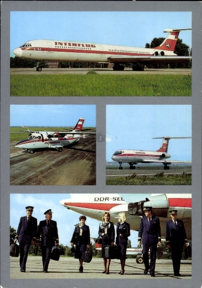 Postcard German passenger aircraft Ilyushin IL 62, Interflug, DDR SEL, pilots, stewardess