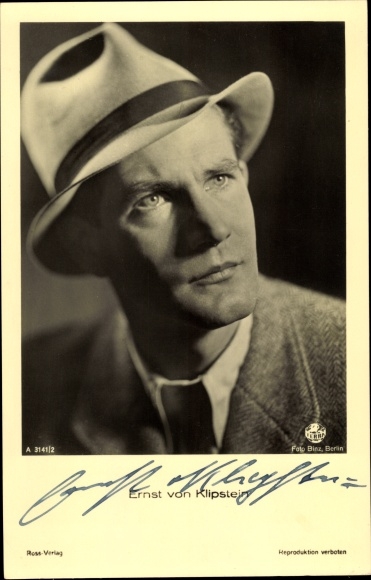 Postcard actor Ernst von Klipstein, portrait with hat, Ross Verlag A 3141 2, autograph