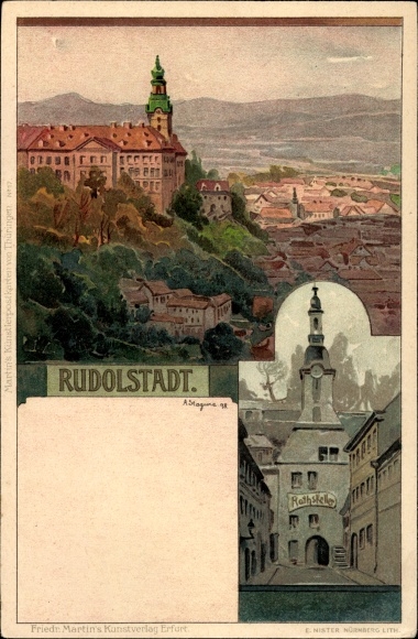 Artysta lito Stagura, Albert, Rudolstadt Turyngia, częściowy widok na miasto, zamek i ratusz