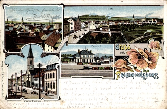 Chromo-Litho Friedrichsdorf im Taunus, general view, train station, church, town hall, post office
