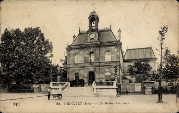 Ak Gentilly Val de Marne, La Mairie et la Place, historisches Gebäude mit Uhrturm, Bäume, Spaz...