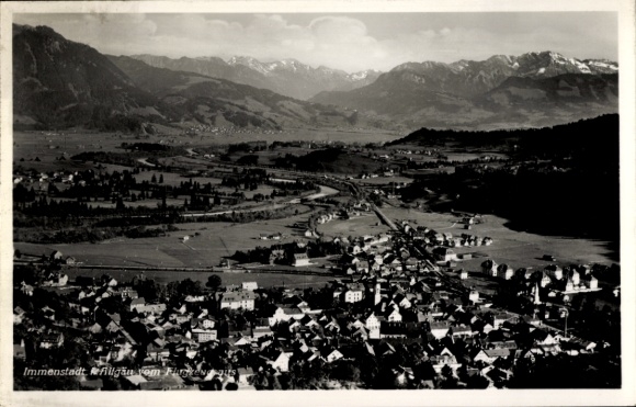 Postcard Immenstadt im Allgäu Swabia, landscape shot, mountains in the background, city view, black