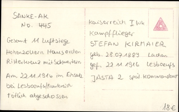 Postcard fighter pilot Oberleutnant Kirmaier, portrait