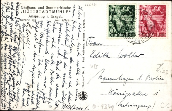 Postcard Ansprung Marienberg in the Erzgebirge Saxony, Gasthaus Hüttstadtmühle, exterior view, forest, hikers