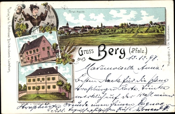 lito Berg in der Pfalz, kobieta z kuflem piwa, szkoła, Zajazd zum Pflug, widok całkowity
