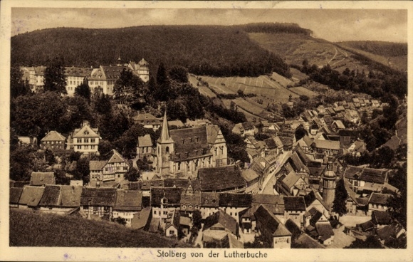 Postcard Stolberg in the Harz Mountains, view of Lutherbuche, houses, church, landscape