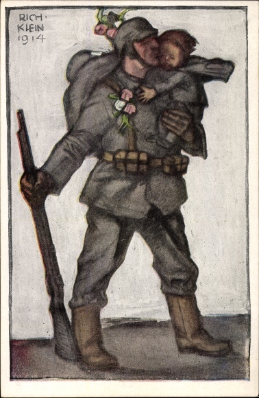 Artist PC Klein, Richard, soldier kisses a child, war exit