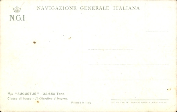 Ak passagiersschip M/N Augustus, Navigazione Generale Italiana, luxe klasse, wintertuin