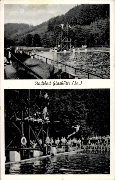 Postcard Glashütte in Saxony, public swimming pool, swimmers, diving tower, spectators, forest area