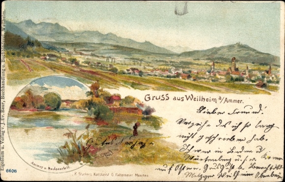Chromo-Litho Weilheim an der Ammer Upper Bavaria, panorama, bathing establishment