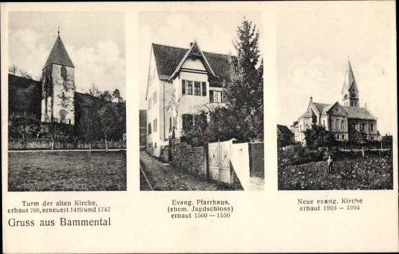 Postcard Bammental in Baden, tower of the old church, new evangelical church, vicarage