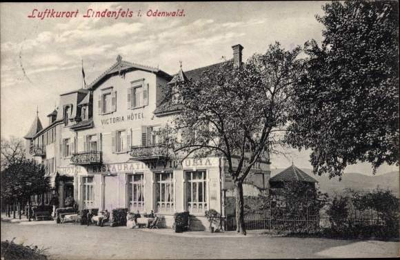 Postcard Lindenfels in the Odenwald, Victoria Hotel, restaurant
