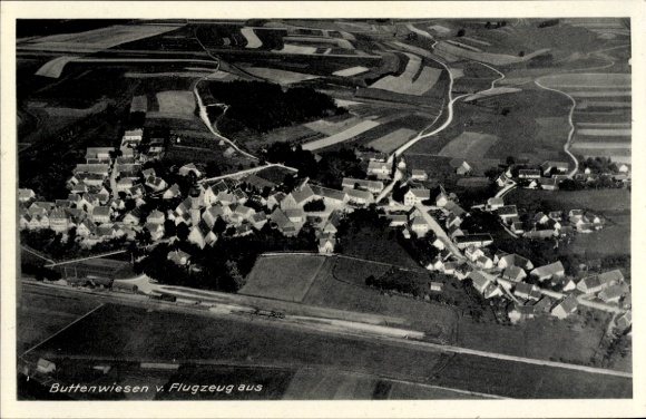 Postcard Buttenwiesen in Swabia, aerial view of rural surroundings, fields