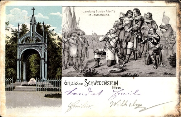 Ak Lützen im Burgenlandkreis, Landung Gustav Adolf's in Deutschland, Gruss vom Schwedenstein,  Sz