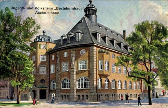 Postcard Aschersleben in the Salzlandkreis, youth and community center, Bestehornhaus, historic building, Bäu