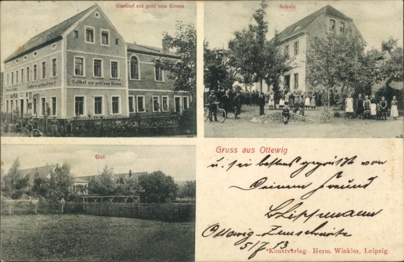 Postcard Zschaitz Ottewig in Saxony, school, estate, inn at the Golden Crown