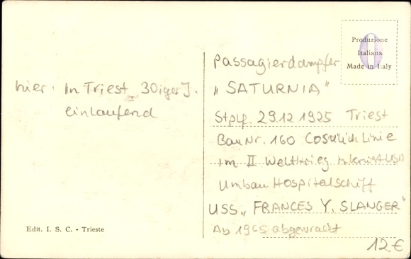 Postcard Triest Trieste Friuli Venezia Giulia, Motorship Saturnia, Steamer, Cosulich Line