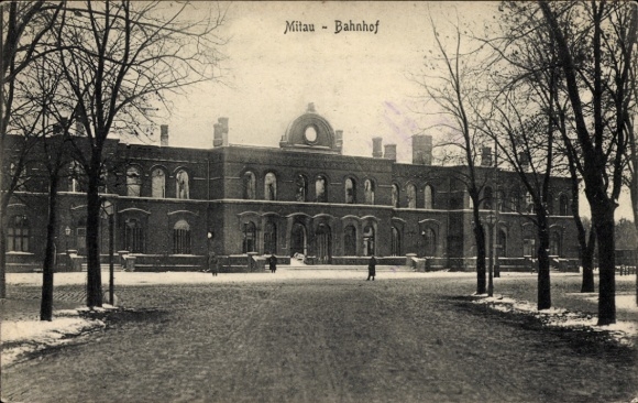 Ansichtkaart Jelgava Mitau Letland, treinstation, verwoesting tijdens WOI