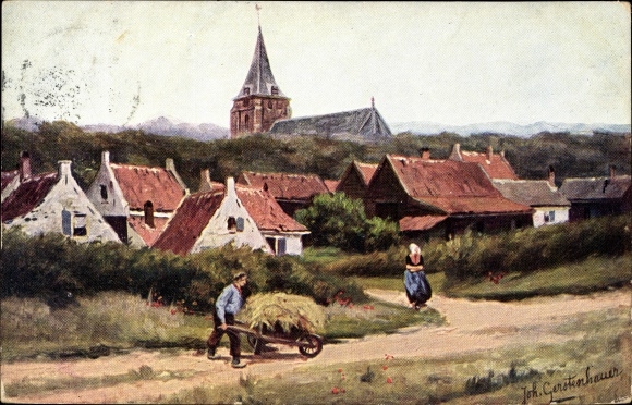 Artist PC Gerstenhauer, Johann Georg, town view, farmer with hay carts, Dutch costumes