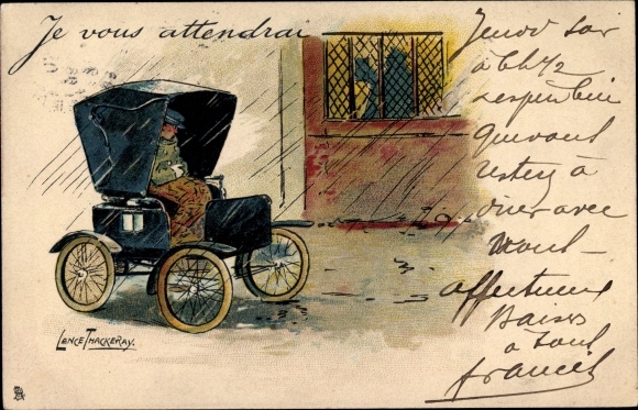 Artist Postcard Thackeray, Lance, Chauffeur waits in the rain outside the inn, automobile