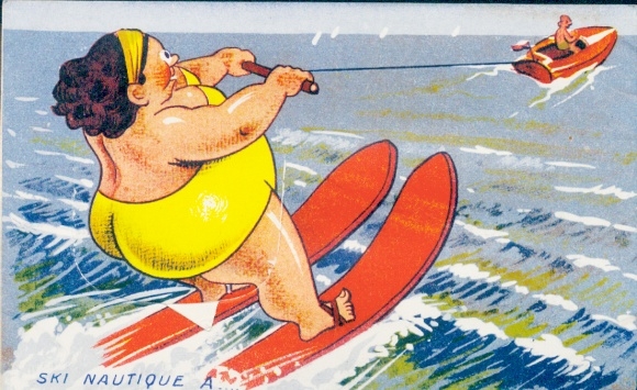 Postcard Overweight woman waterskiing, motorboat, yellow swimsuit