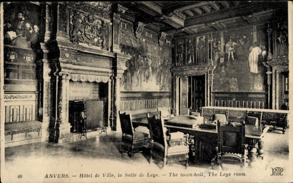 Ak Anvers Antwerpen Vlaanderen, Hôtel de Ville, Salle de Leys, schilderij, tafel, stoelen
