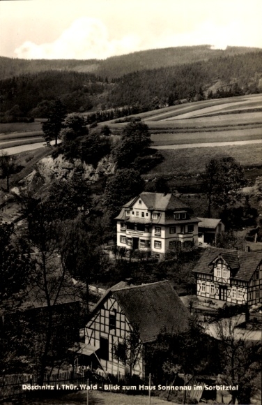 Postcard Thuringian Forest, Hohe Möst, Haus Sonnenau, Sorbitztal, rural landscape, rolling hills