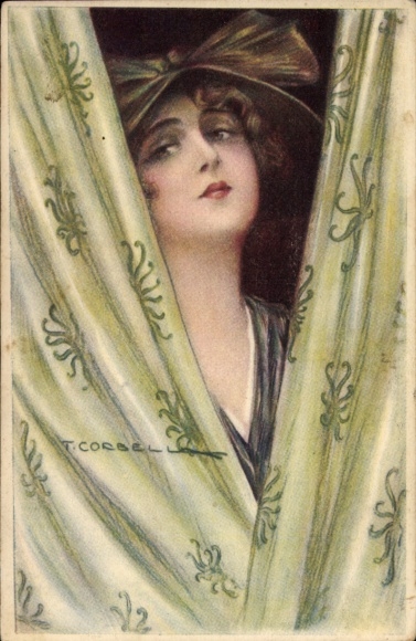 Artist Postcard Corbella, T., Woman behind a curtain, portrait