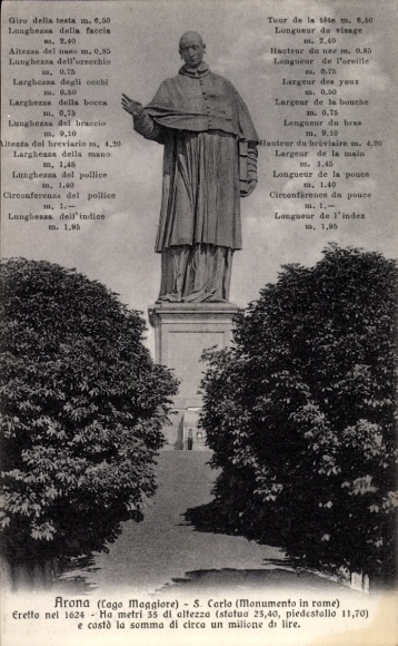 Ak Arona Lago Maggiore Piemonte Italien, Statue von S. Carlo, Maße, ital. und frz. Beschriftung, 