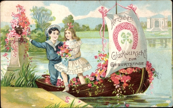 Embossed Postcard Congratulations Birthday, Children, Boat, Horseshoe, Flowers