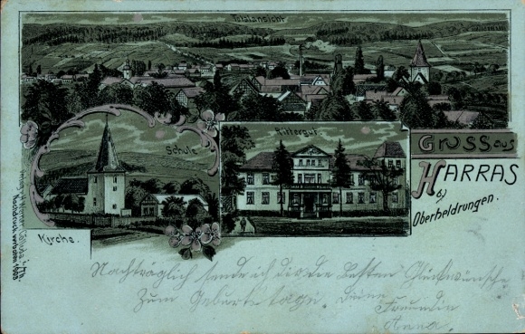 Mondschein Litho Harras Oberheldrungen in Thüringen, Gesamtansicht, Kirche, Schule, Rittergut