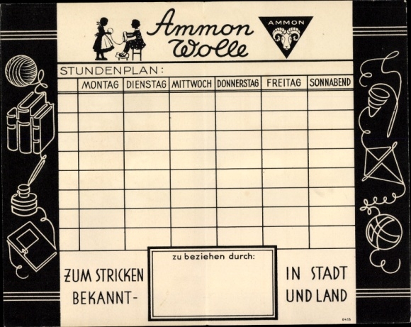 Timetable Ammon wool, known for knitting in town and country around 1930