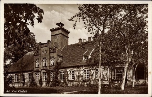 Ak Ohrfeld Gelting in Schleswig Holstein, Gutshaus, Außenansicht vom Garten