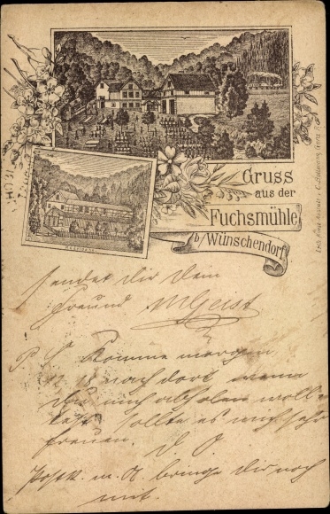 Voorloper litho Wunschendorf an der Elster, Gasthaus Fuchsmühle
