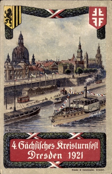 Artist Postcard Dresden Altstadt, Frauenkirche, 4th Saxon District Gymnastics Festival 1921, Steamer Saxony