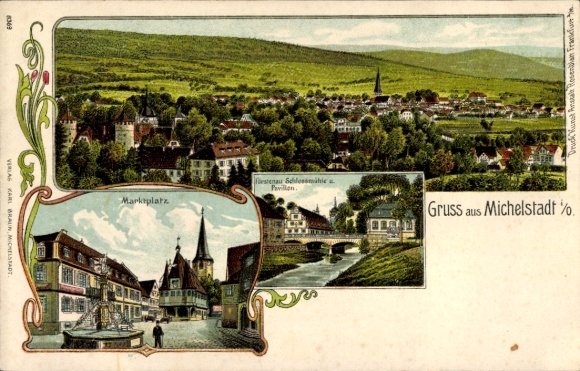 Chromo-Litho Michelstadt in the Odenwald, market square, total view, Fürstenau Schlossmühle