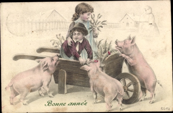 Chromo-Litho Happy New Year, children in a wheelbarrow, pigs, mistletoe, holly, snowman
