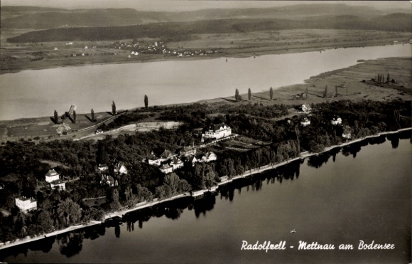 Postcard Mettnau Radolfzell am Bodensee, aerial view of Radolfzell, Lake Constance, resting place by the water, ec