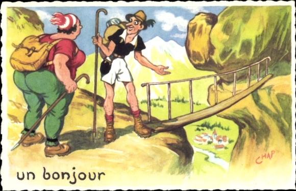 Artist Postcard Chaperon, J., Couple hiking, overweight woman, wooden bridge