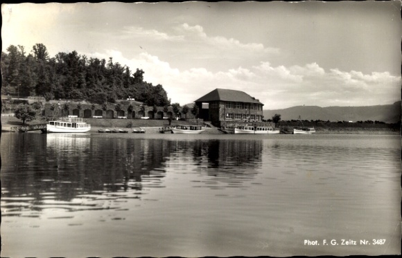 Postcard Heimbach in the Eifel, Seehof Restaurant, Rur Dam, boats on the water