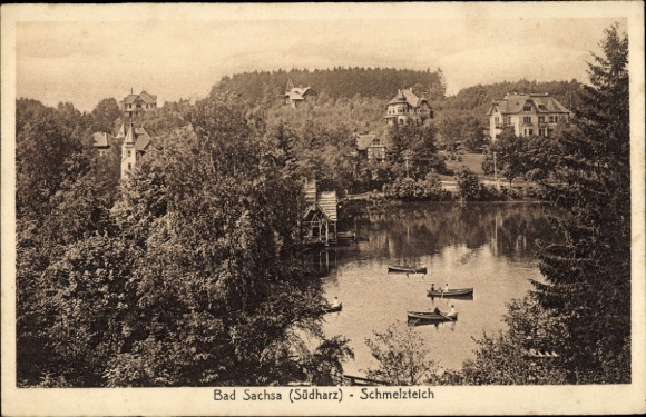 KP Bad Sachsa w Harzu, widok na Schmelzteich w Bad Sachsa z kilkoma willami i ...