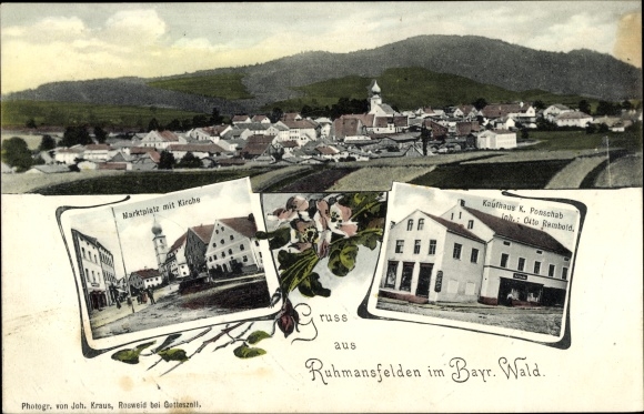 Postcard Ruhmannsfelden in the Bavarian Forest, Ponschab department store, market square, church, total view