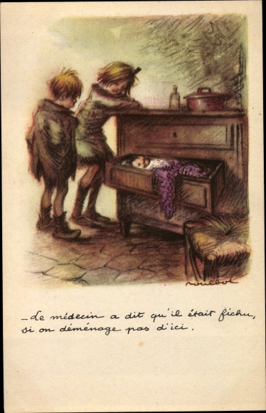 Artist Postcard Poulbot, Franciscque, Baby im Schubkasten, The doctor said he was done for