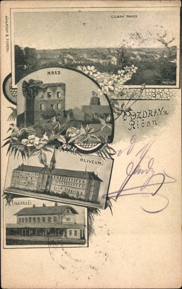 Postcard Říčany Ritschan Central Bohemia, Oliveum, train station, track side, total view