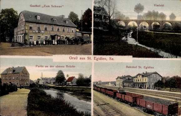 Ak Sankt Egidien in Saksen, Gasthof Zum Schwan, viaduct, bovenste brug, treinstation
