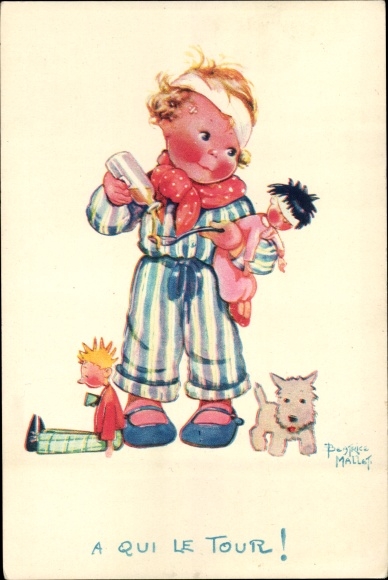 Artist Postcard Mallet, Beatrice, A qui le tour, child with dolls, Comite National de l&#39;Enfance